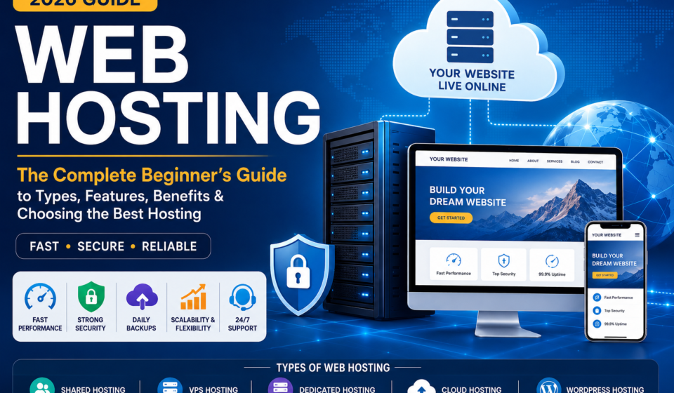 Professional web hosting illustration showing cloud servers, website hosting infrastructure, security, cloud hosting, VPS hosting, and WordPress hosting.