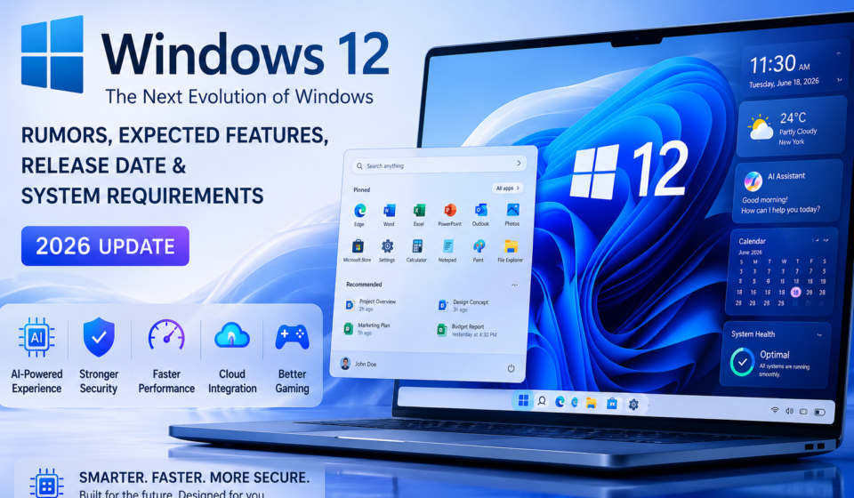 Windows 12 concept interface showcasing AI-powered desktop features and modern user interface.