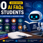 Illustration of students learning Artificial Intelligence with AI chatbot, robot, laptop, machine learning, data analytics, coding, and education technology concepts.