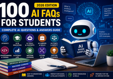 Illustration of students learning Artificial Intelligence with AI chatbot, robot, laptop, machine learning, data analytics, coding, and education technology concepts.