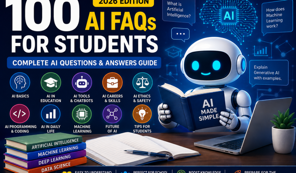 Illustration of students learning Artificial Intelligence with AI chatbot, robot, laptop, machine learning, data analytics, coding, and education technology concepts.