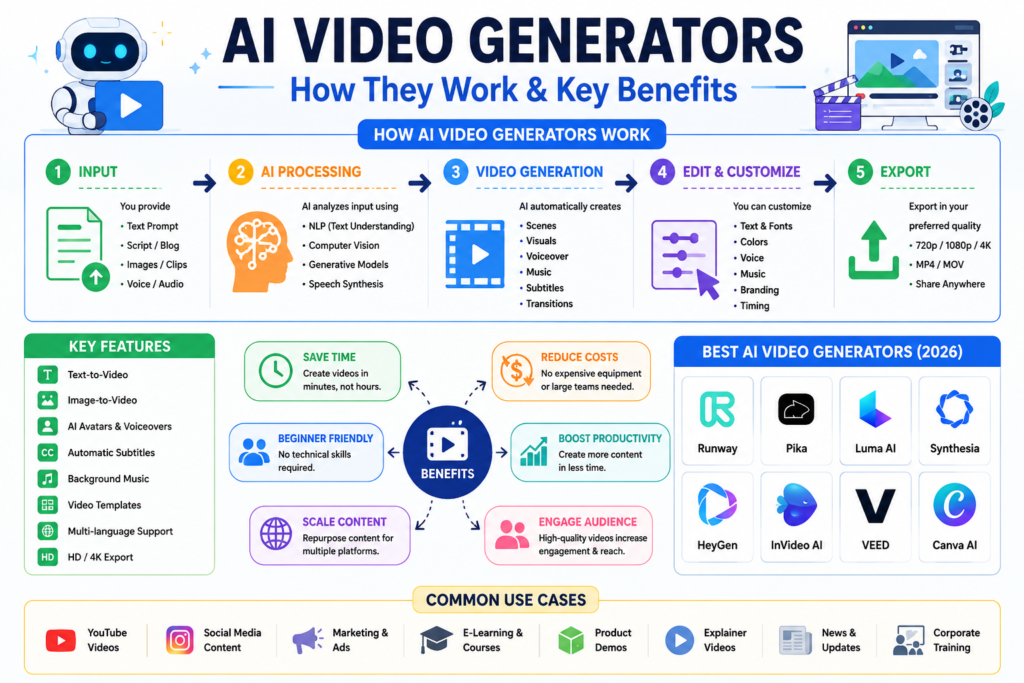 Best AI Video Generators in 2026 showing AI-powered video creation from text, image-to-video, AI voice generation, automatic subtitles, editing tools, and popular AI video platforms including Runway, Pika, Luma AI, Synthesia, HeyGen, InVideo AI, VEED, and Canva AI.