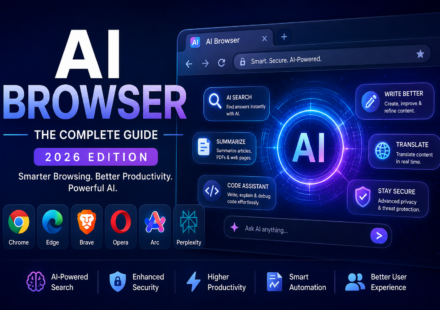AI Browser Guide 2026 feature image showing AI-powered web browser with intelligent search, AI assistant, content summarization, enhanced security, productivity tools, and modern browser technologies.