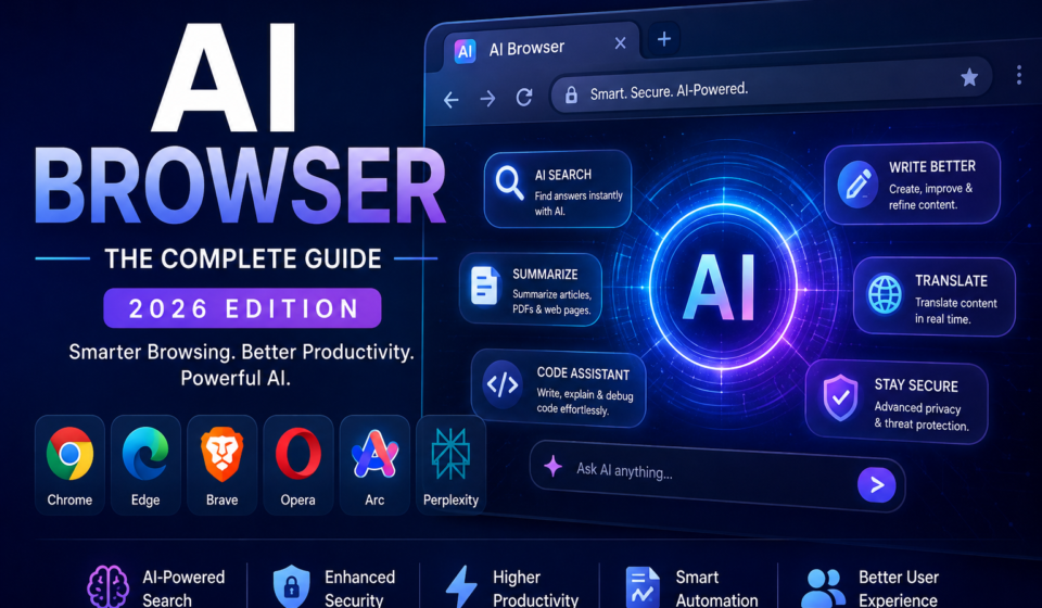 AI Browser Guide 2026 feature image showing AI-powered web browser with intelligent search, AI assistant, content summarization, enhanced security, productivity tools, and modern browser technologies.