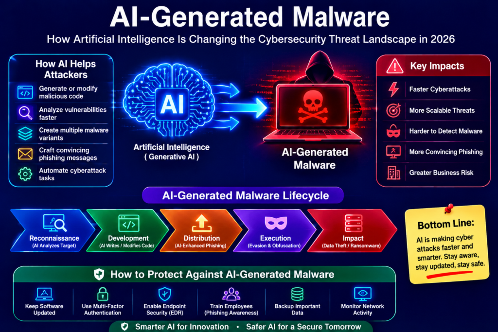 AI-generated malware lifecycle showing AI attacks, malware development, phishing, execution, and cybersecurity protection