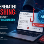 AI-generated phishing attack showing a hyper-personalized scam email and cybersecurity warning