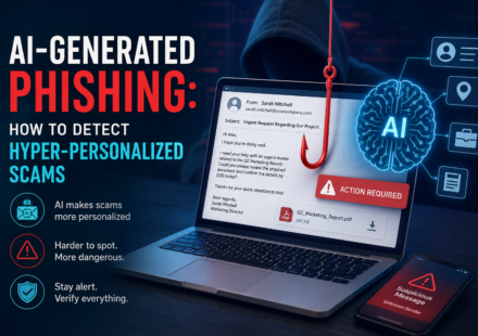 AI-generated phishing attack showing a hyper-personalized scam email and cybersecurity warning
