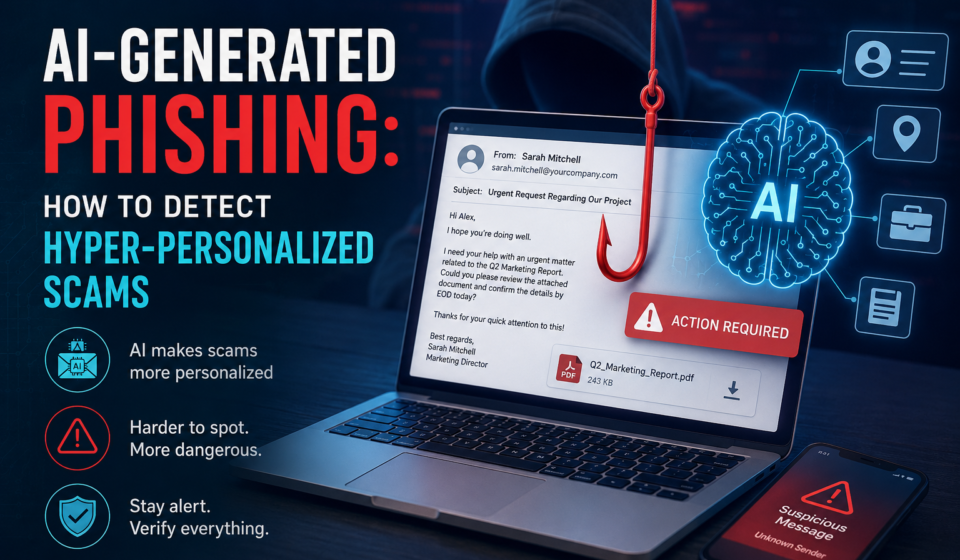 AI-generated phishing attack showing a hyper-personalized scam email and cybersecurity warning