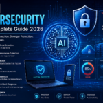 AI in Cybersecurity infographic showing AI-powered threat detection, malware protection, phishing prevention, cloud security, behavioral analytics, automated incident response, and cyber defense dashboard.