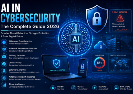 AI in Cybersecurity infographic showing AI-powered threat detection, malware protection, phishing prevention, cloud security, behavioral analytics, automated incident response, and cyber defense dashboard.