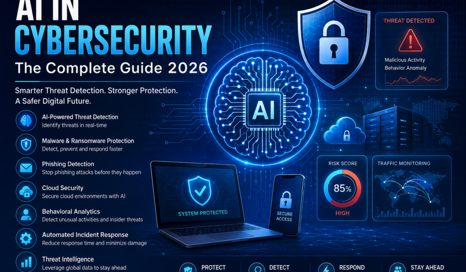 AI in Cybersecurity infographic showing AI-powered threat detection, malware protection, phishing prevention, cloud security, behavioral analytics, automated incident response, and cyber defense dashboard.
