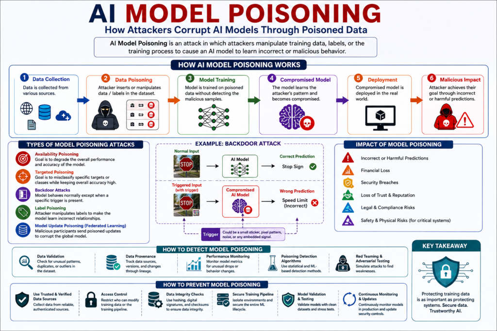 AI model poisoning attack diagram showing data poisoning, model training, compromised AI, and prevention