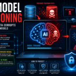 AI model poisoning attack showing poisoned training data and compromised AI model