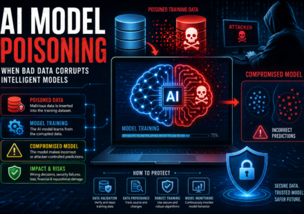 AI model poisoning attack showing poisoned training data and compromised AI model