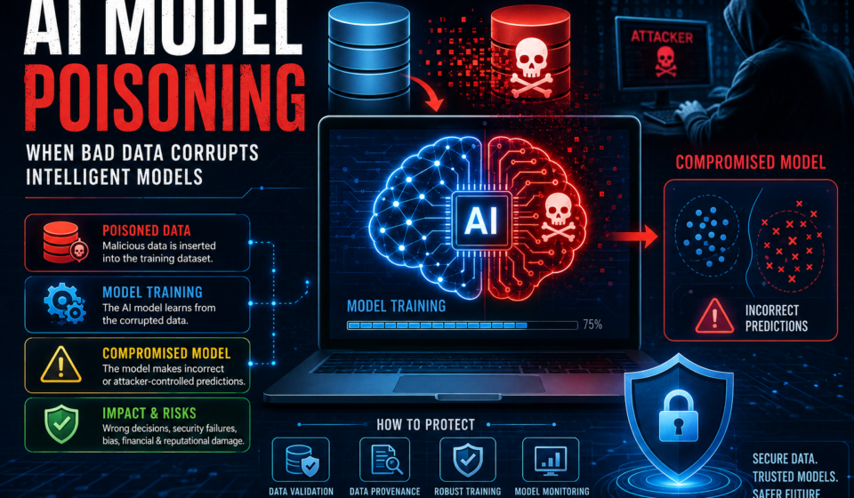 AI model poisoning attack showing poisoned training data and compromised AI model