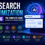 AI Search Optimization 2026 infographic showing AI-powered search, EEAT, structured data, technical SEO, and rankings.