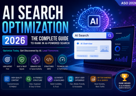 AI Search Optimization 2026 infographic showing AI-powered search, EEAT, structured data, technical SEO, and rankings.