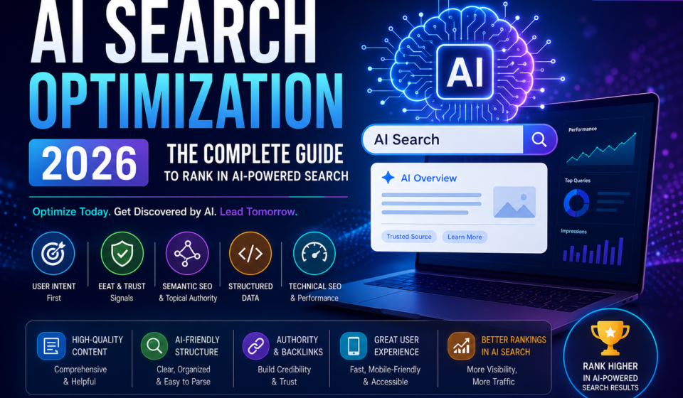 AI Search Optimization 2026 infographic showing AI-powered search, EEAT, structured data, technical SEO, and rankings.
