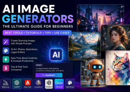 AI Image Generators guide featuring ChatGPT, Midjourney, Adobe Firefly, Leonardo AI, Ideogram, Canva AI, Stable Diffusion, and other leading AI image creation tools for beginners.