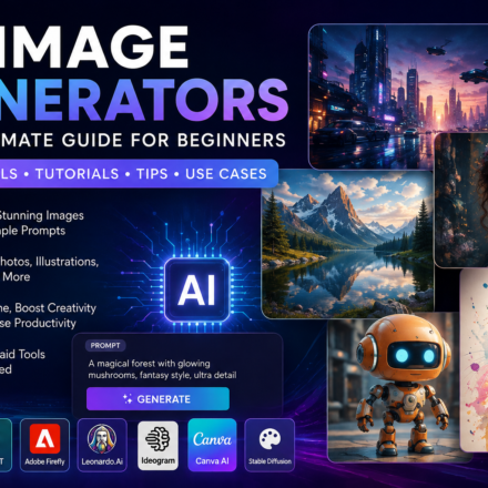 AI Image Generators guide featuring ChatGPT, Midjourney, Adobe Firefly, Leonardo AI, Ideogram, Canva AI, Stable Diffusion, and other leading AI image creation tools for beginners.