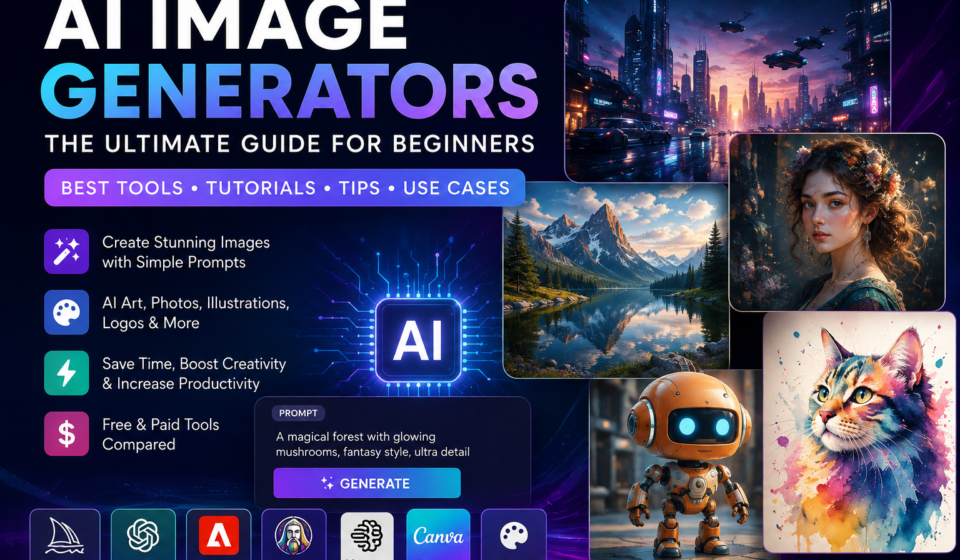 AI Image Generators guide featuring ChatGPT, Midjourney, Adobe Firefly, Leonardo AI, Ideogram, Canva AI, Stable Diffusion, and other leading AI image creation tools for beginners.