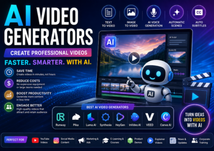 Best AI Video Generators in 2026 showing AI-powered video creation from text, image-to-video, AI voice generation, automatic subtitles, editing tools, and popular AI video platforms including Runway, Pika, Luma AI, Synthesia, HeyGen, InVideo AI, VEED, and Canva AI.