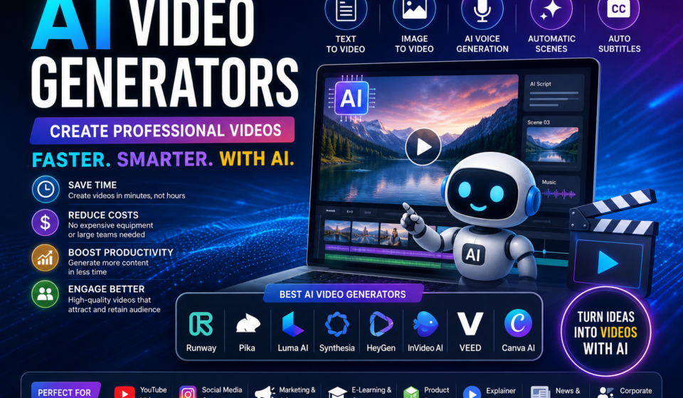 Best AI Video Generators in 2026 showing AI-powered video creation from text, image-to-video, AI voice generation, automatic subtitles, editing tools, and popular AI video platforms including Runway, Pika, Luma AI, Synthesia, HeyGen, InVideo AI, VEED, and Canva AI.
