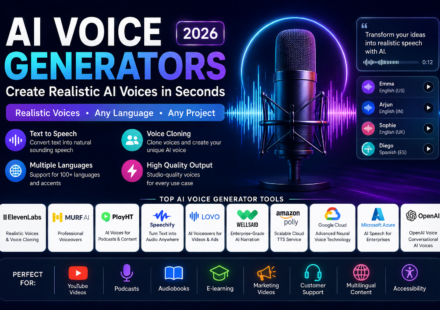 Best AI Voice Generators featuring ElevenLabs, Murf AI, PlayHT, Speechify, Lovo AI, Amazon Polly, Google Cloud Text-to-Speech, Microsoft Azure AI Speech, WellSaid Labs, and OpenAI Voice for realistic AI voiceovers and text-to-speech.