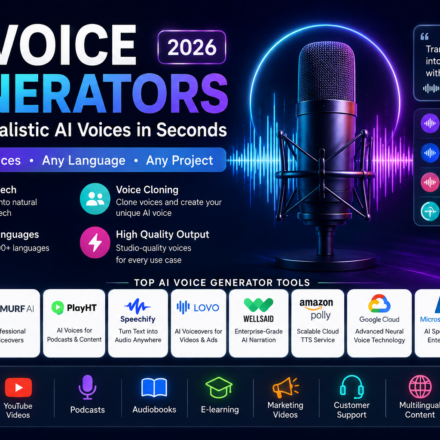 Best AI Voice Generators featuring ElevenLabs, Murf AI, PlayHT, Speechify, Lovo AI, Amazon Polly, Google Cloud Text-to-Speech, Microsoft Azure AI Speech, WellSaid Labs, and OpenAI Voice for realistic AI voiceovers and text-to-speech.