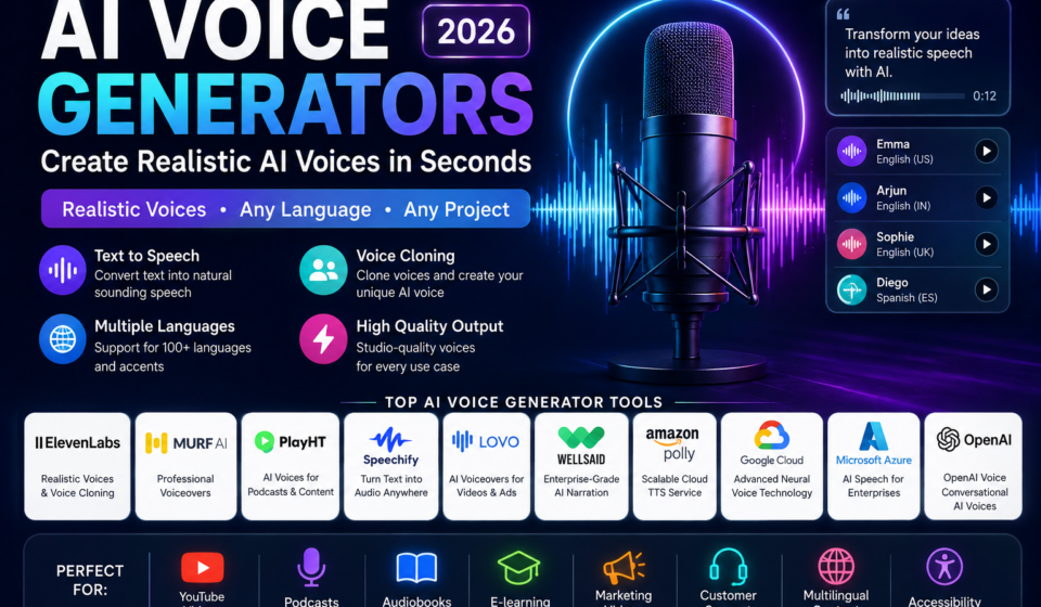 Best AI Voice Generators featuring ElevenLabs, Murf AI, PlayHT, Speechify, Lovo AI, Amazon Polly, Google Cloud Text-to-Speech, Microsoft Azure AI Speech, WellSaid Labs, and OpenAI Voice for realistic AI voiceovers and text-to-speech.