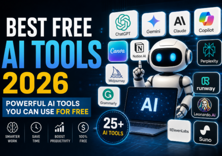 Best Free AI Tools in 2026 featuring ChatGPT, Gemini, Claude, Copilot, Canva AI, Cursor AI, Perplexity AI, and other popular free artificial intelligence tools for beginners.