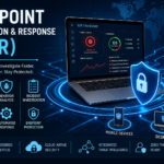 Endpoint Detection and Response (EDR) dashboard showing AI-powered threat detection, endpoint monitoring, incident investigation, automated response, cloud security, and Zero Trust protection.