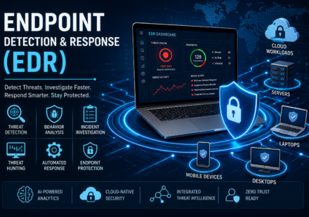 Endpoint Detection and Response (EDR) dashboard showing AI-powered threat detection, endpoint monitoring, incident investigation, automated response, cloud security, and Zero Trust protection.