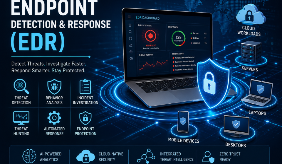Endpoint Detection and Response (EDR) dashboard showing AI-powered threat detection, endpoint monitoring, incident investigation, automated response, cloud security, and Zero Trust protection.