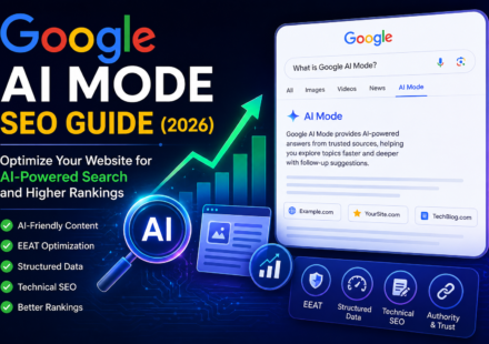 Google AI Mode SEO Guide showing AI-powered search optimization workflow and website ranking strategy.