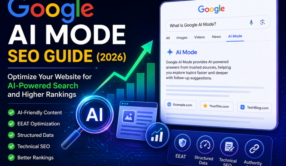 Google AI Mode SEO Guide showing AI-powered search optimization workflow and website ranking strategy.