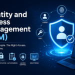 Identity and Access Management (IAM) cybersecurity illustration showing authentication, authorization, MFA, SSO, cloud security, and access control.