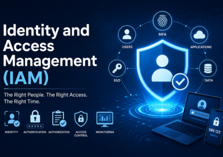 Identity and Access Management (IAM) cybersecurity illustration showing authentication, authorization, MFA, SSO, cloud security, and access control.