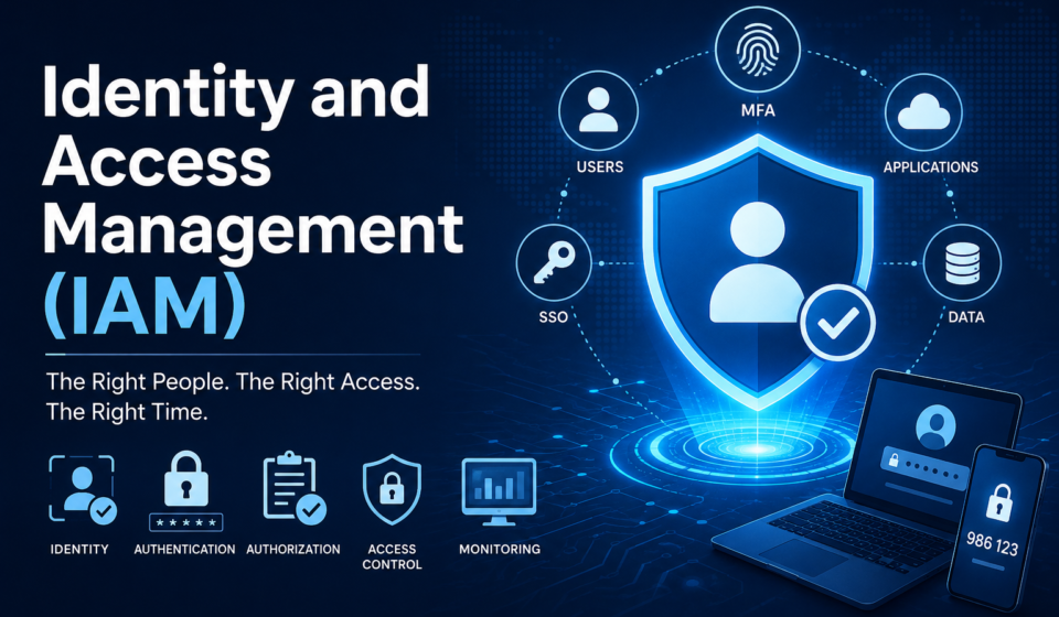 Identity and Access Management (IAM) cybersecurity illustration showing authentication, authorization, MFA, SSO, cloud security, and access control.