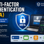 Multi-Factor Authentication MFA security process showing password, authenticator app, fingerprint, and security key verification