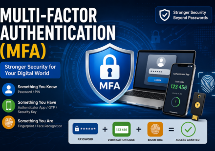 Multi-Factor Authentication MFA security process showing password, authenticator app, fingerprint, and security key verification