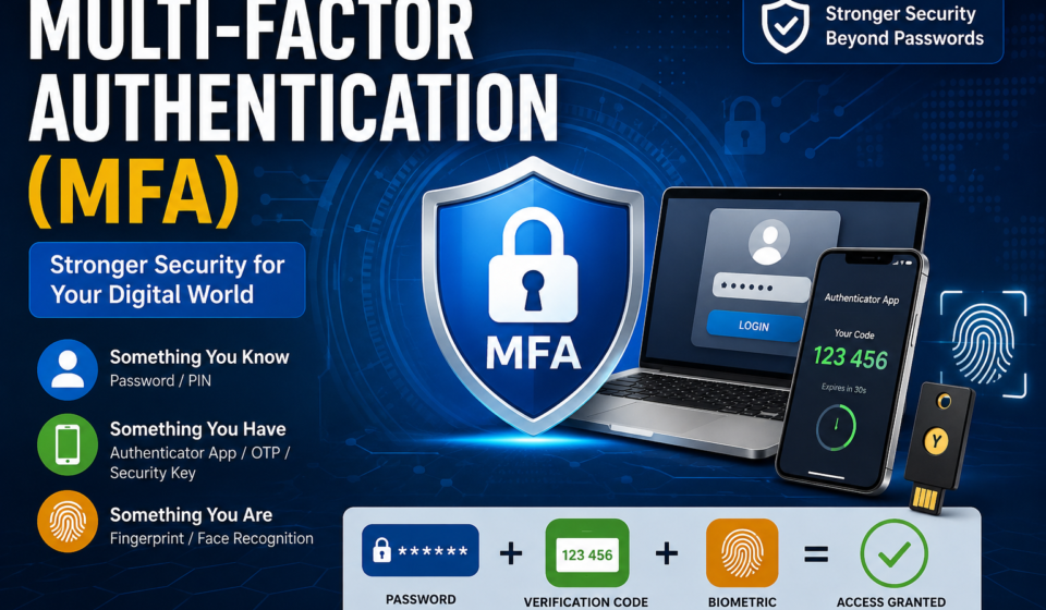 Multi-Factor Authentication MFA security process showing password, authenticator app, fingerprint, and security key verification