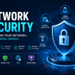 Network Security illustration showing firewall, encryption, VPN, cloud security, access control, and cyber threat protection.