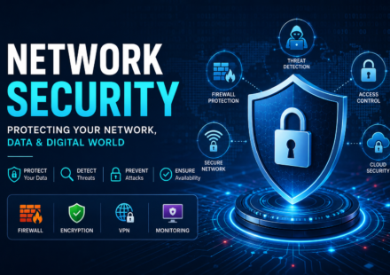 Network Security illustration showing firewall, encryption, VPN, cloud security, access control, and cyber threat protection.