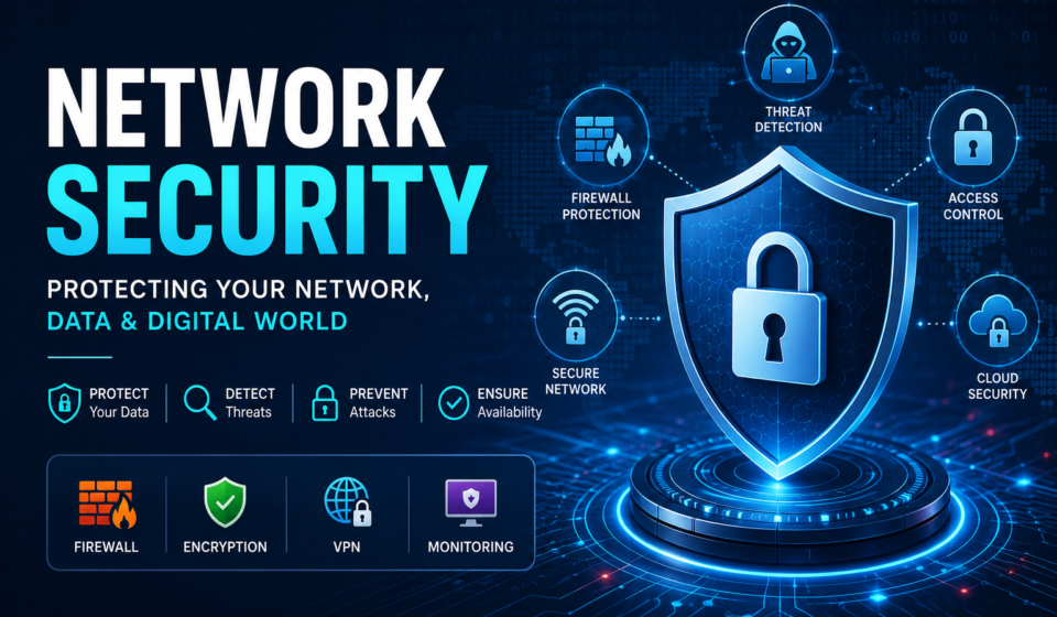 Network Security illustration showing firewall, encryption, VPN, cloud security, access control, and cyber threat protection.