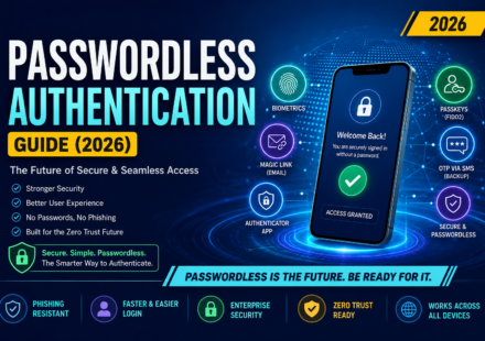 Modern Passwordless Authentication Guide 2026 feature image illustrating passkeys, biometric authentication, FIDO2, WebAuthn, magic links, authenticator apps, secure passwordless login, and Zero Trust security.