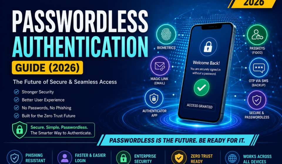 Modern Passwordless Authentication Guide 2026 feature image illustrating passkeys, biometric authentication, FIDO2, WebAuthn, magic links, authenticator apps, secure passwordless login, and Zero Trust security.