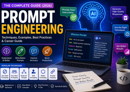 Prompt Engineering complete guide showing AI prompt writing techniques, ChatGPT, Claude, Gemini, AI prompt examples, prompt engineering workflow, and best practices for beginners and professionals.