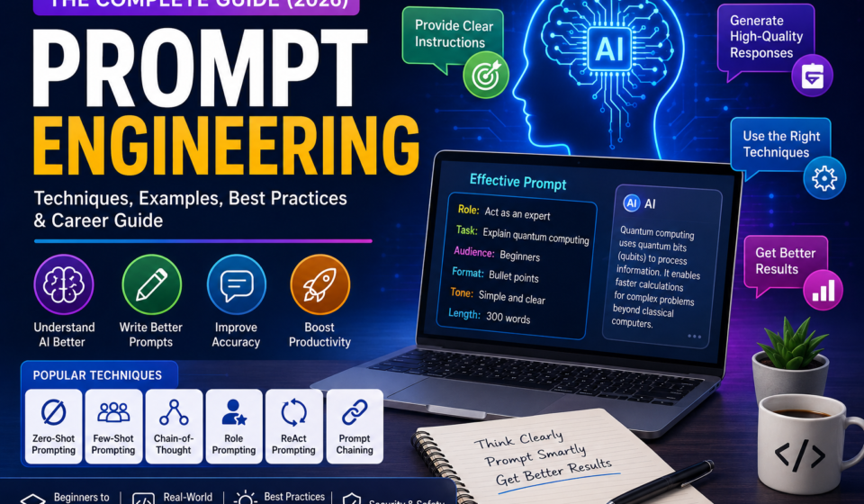 Prompt Engineering complete guide showing AI prompt writing techniques, ChatGPT, Claude, Gemini, AI prompt examples, prompt engineering workflow, and best practices for beginners and professionals.