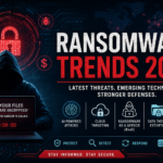 Ransomware Trends 2026 feature image showing AI-powered cyber attacks, encrypted files, hacker, cloud security, and ransomware protection concepts.